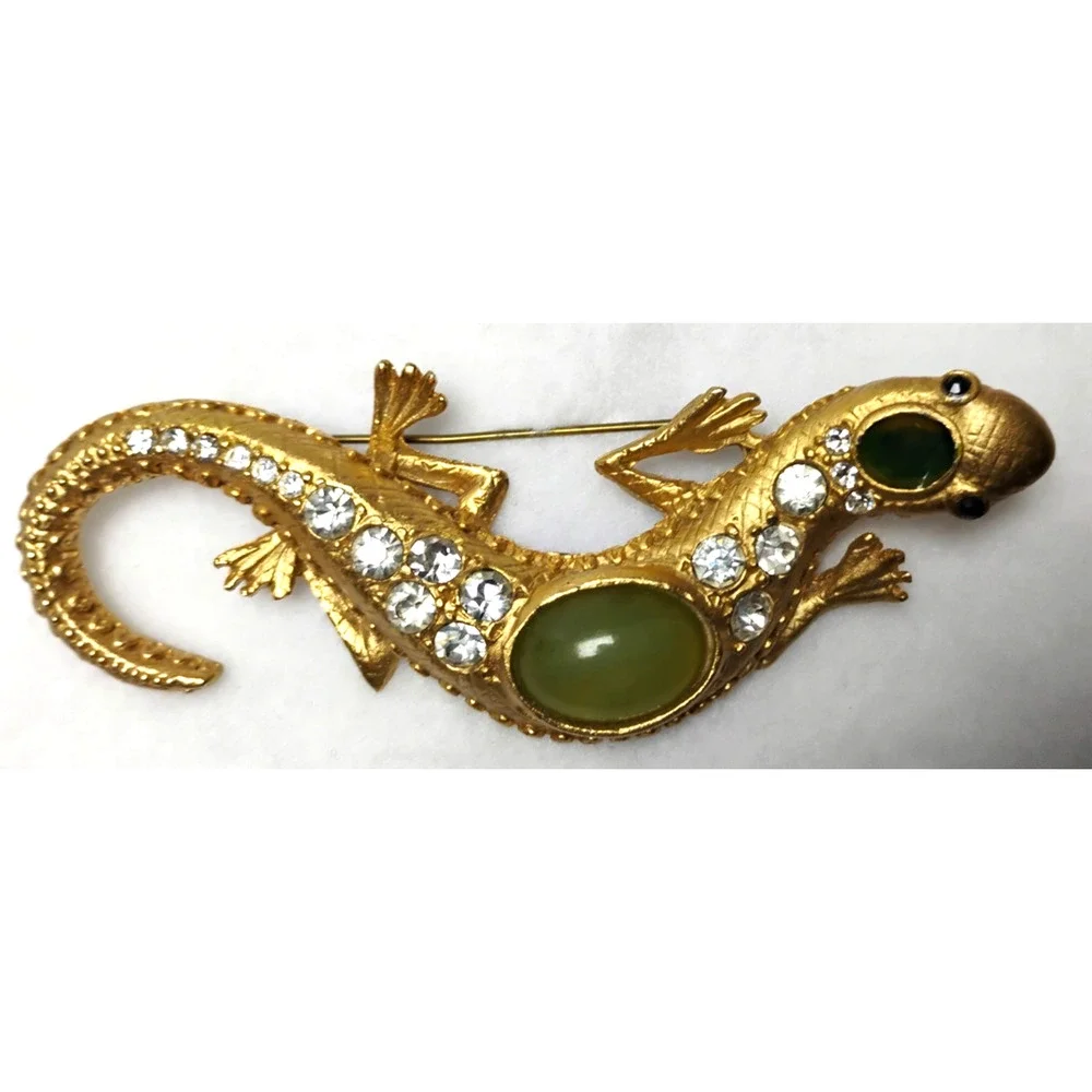 Large Lizard Gecko Brooch Pin Faux Jade Cabochon Rhinestone Gold Tone